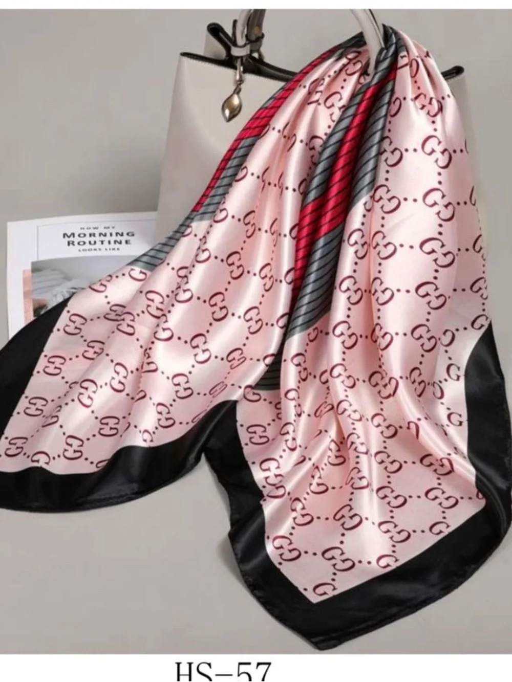Luxury Pink Logo Silk-Feel Scarf with Black Border